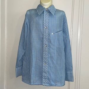 Vintage early 70s Sears blue & white check perms prest snap up Western shirt